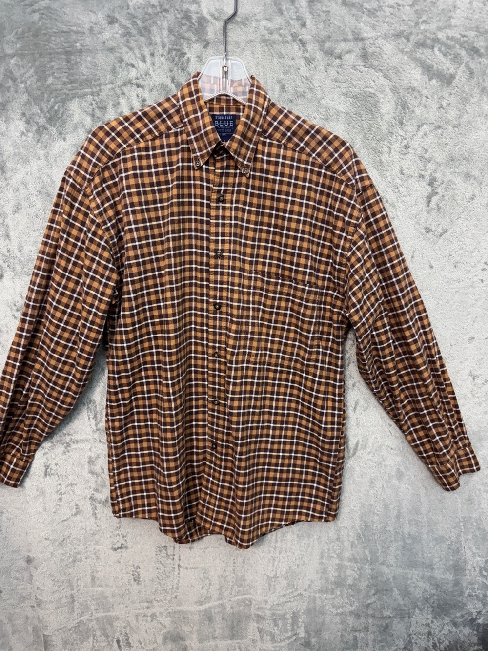 Structure Blue Flannel Small Brown and White Plaid Button-Down Shirt